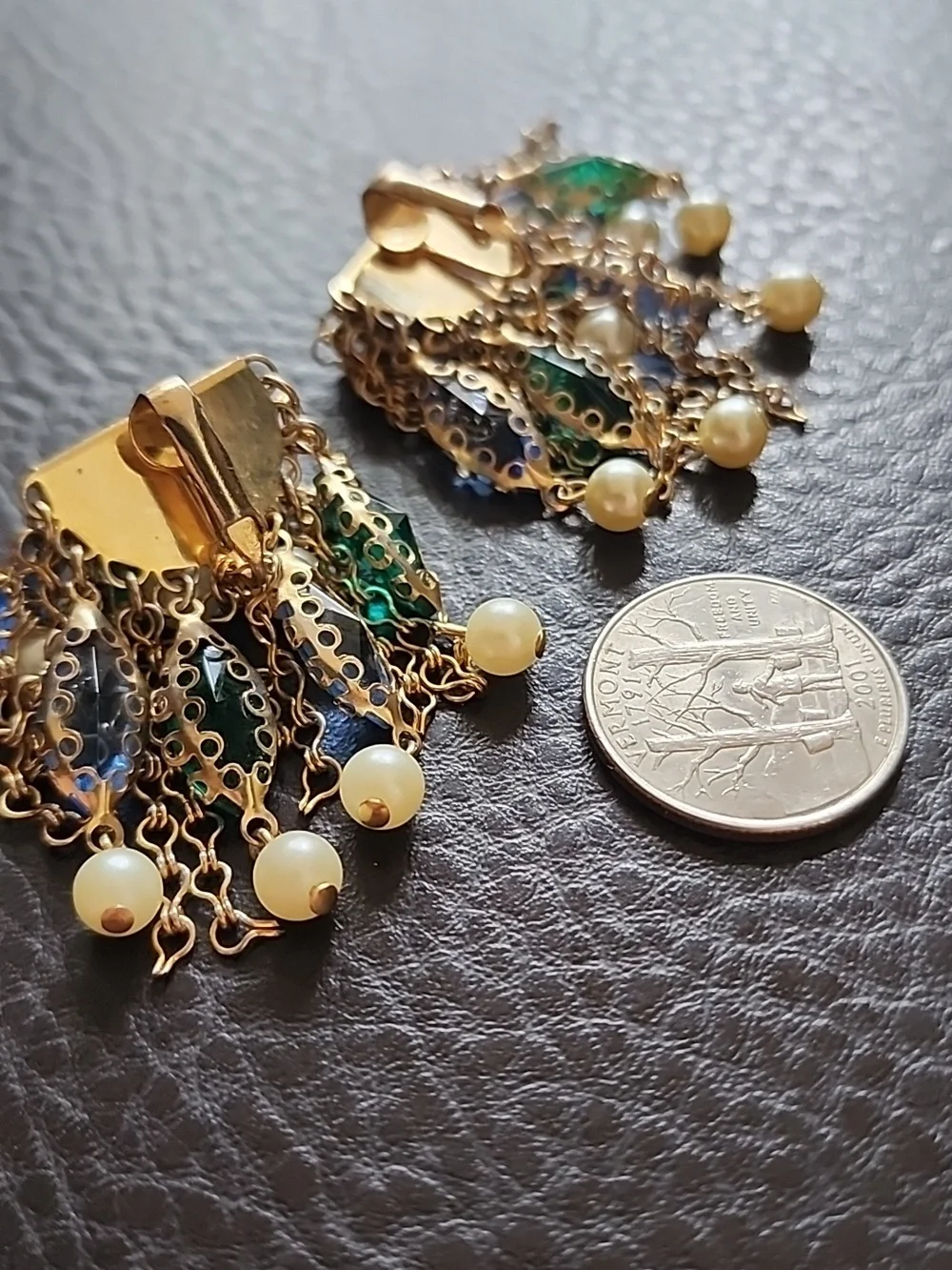 VTG Gold-Tone Pearl Clip Earrings with Blue and Green Crystal Accents - Picture 9 of 9